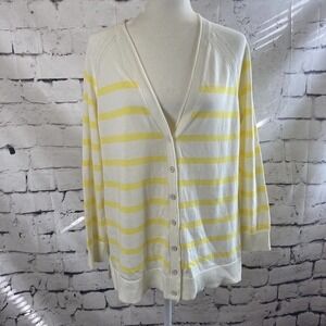 Talbots V Neck Cardigan‎ Sweater Womens Size Large Petite Yellow White Striped